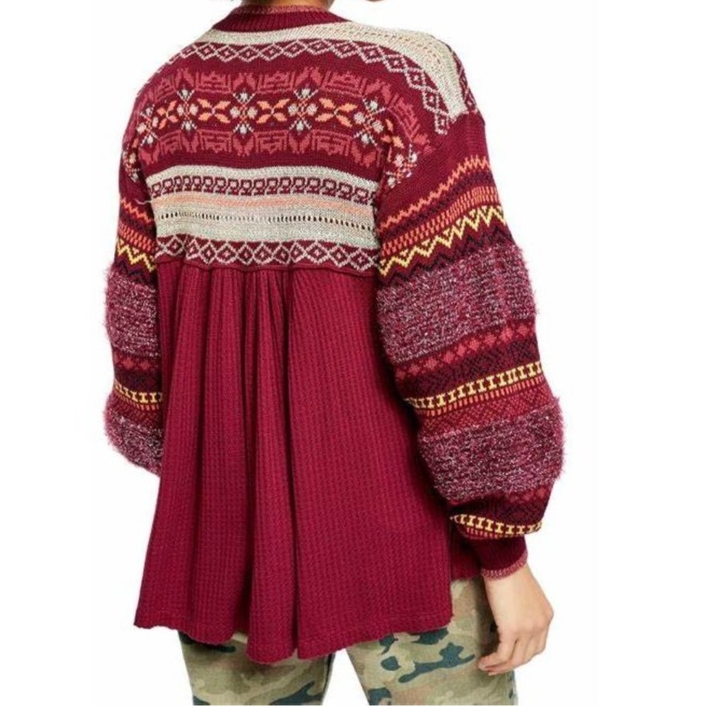FREE PEOPLE Cabin Fever Metallic Pattern Thermal Sweater Pomegranate Wine, Small - Picture 1 of 4
